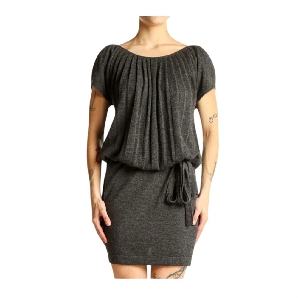 Ann Taylor Loft Sweater Dress Women Size M Gray Pleated Blouson Wool Blend Boat